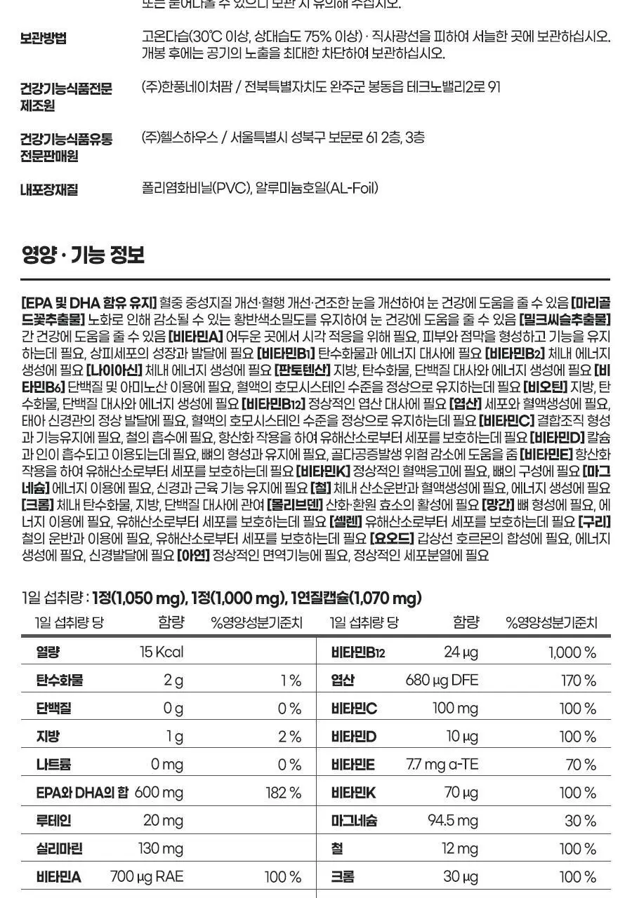 [쇼핑백(대) 1장] 내츄럴플러스 건강한판 올인원케어 멀티팩 30개입 1박스 / 오메가 밀크씨슬 루테인 비타민 상세페이지 25